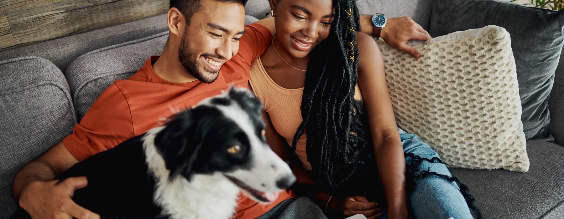 a man and woman sitting on a couch with a dog