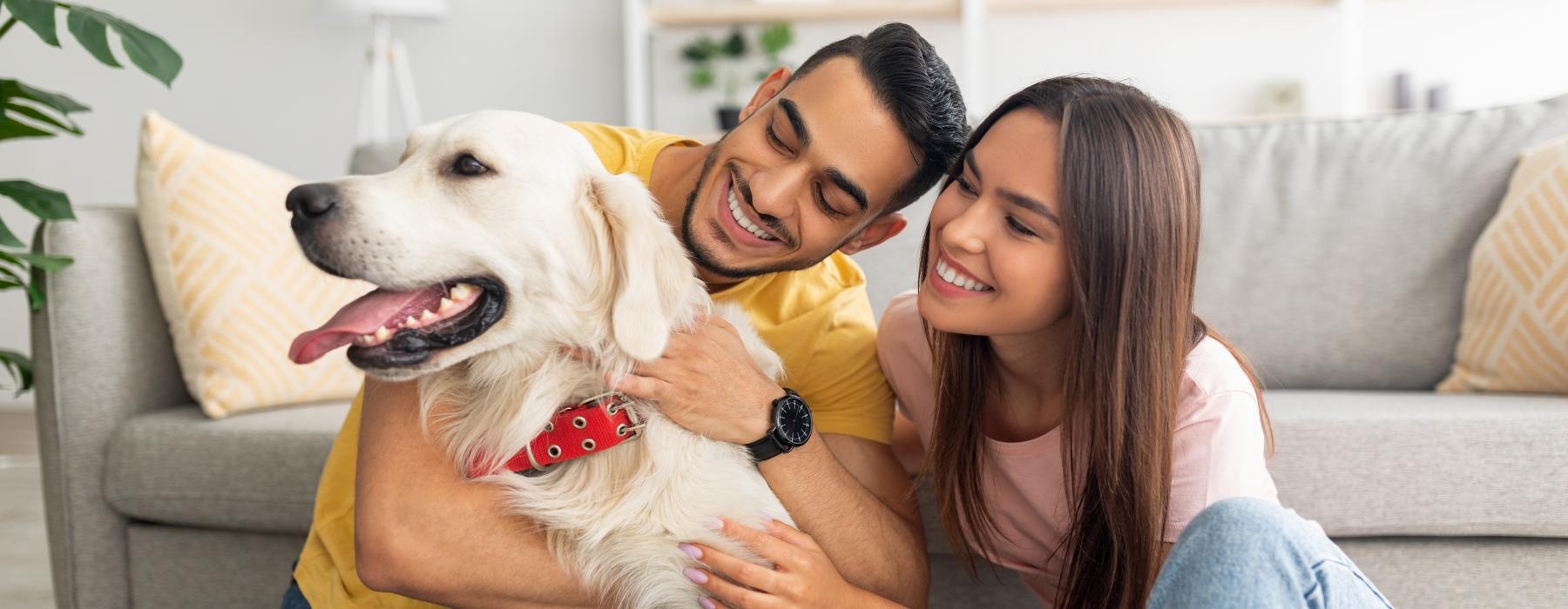 a man and woman holding a dog