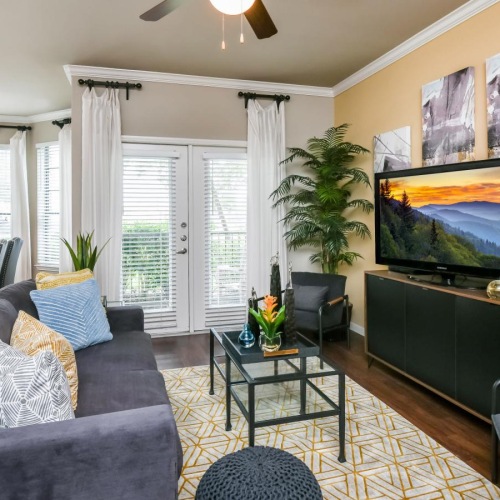 a living room with a tv and couches