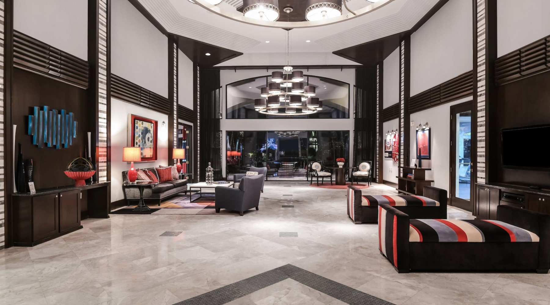 high ceiling lounge with modern seating